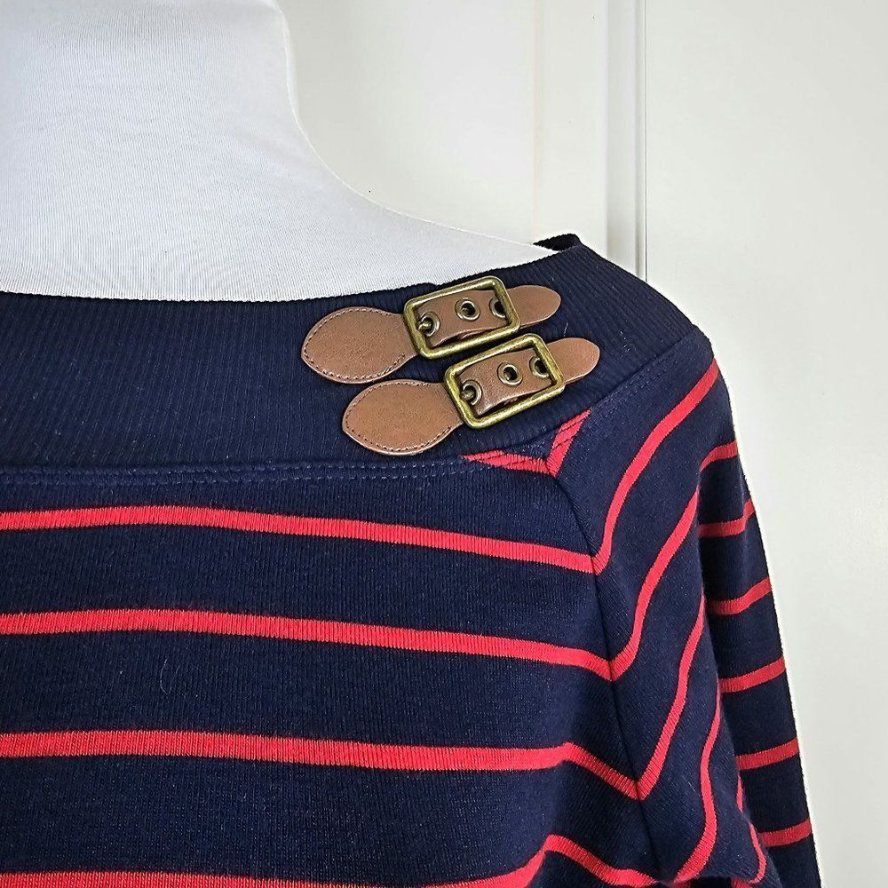 LAUREN RALPH LAUREN Navy & Red Stripe Knit Dress w/Buckle Detail. Size Small - Picture 3 of 5